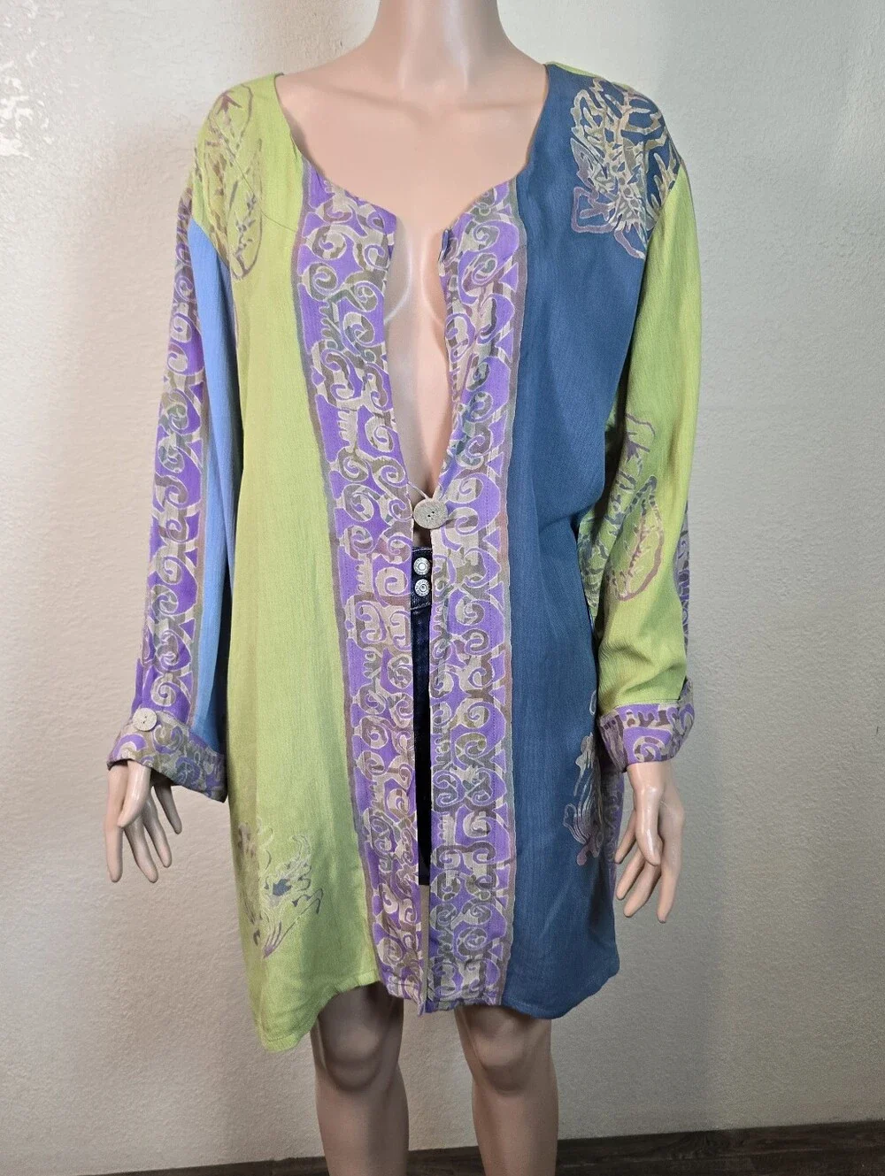 Soft Surroundings 100% Rayon Teal Green Purple Button Blouse Overlay Tunic 2x - Picture 10 of 14